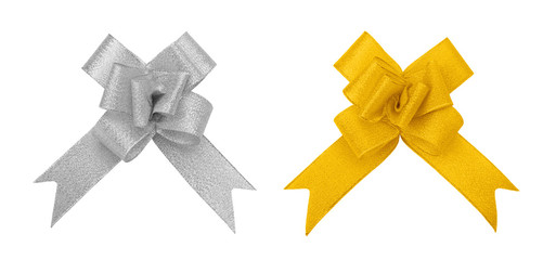 Selver and golden fabric textile bow isolated on white
