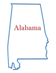 Alabama Map Outlined in Neon Blue with Red Lettering