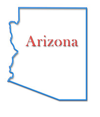 Arizona Map Outlined in Neon Blue with Red Lettering