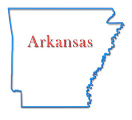 Arkansas Map Outlined in Neon Blue with Red Lettering