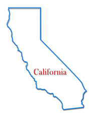 California Map Outlined in Neon Blue with Red Lettering