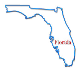 Florida Map Outlined in Neon Blue with Red Lettering