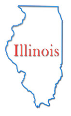 Illinois Map Outlined in Neon Blue with Red Lettering