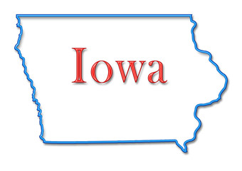Iowa Map Outlined in Neon Blue with Red Lettering