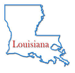 Louisiana Map Outlined in Neon Blue with Red Lettering