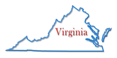 Virginia Map Outlined in Neon Blue with Red Lettering