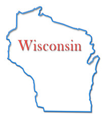 Wisconsin Map Outlined in Neon Blue with Red Lettering