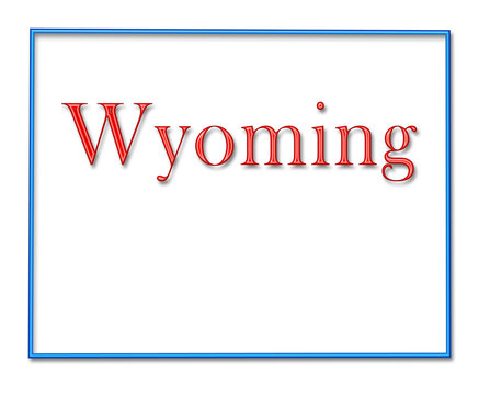 Wyoming Map Outlined in Neon Blue with Red Lettering