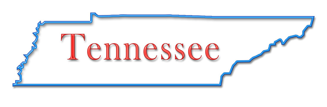 Tennessee Map Outlined in Neon Blue with Red Lettering