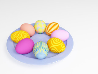3d easter eggs in a plate, painted in different colors