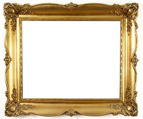old antique gold frame over white background