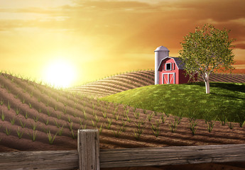 Naklejka premium Red barn and tractor on a farm