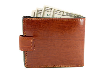 The brown purse with money is photographed on a white background