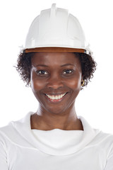 African american woman with helmet a over white background