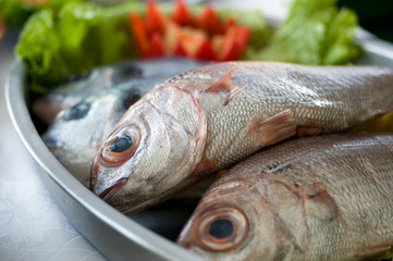 some cardinalfishes over a tray with vegetables