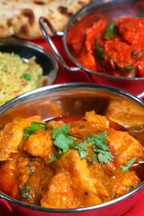 Indian curry dishes with rice and naan bread