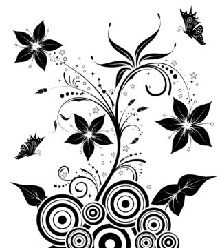 Flower background with butterfly and circle, vector illustration