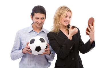 man and wo   man with different interests on white