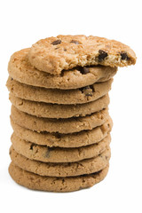 Stack of homemade chocolate chip cookies. Isolated on white.