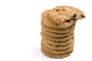 Stack of homemade chocolate chip cookies. Isolated on white.