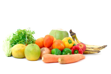 Natural Ingredients, fruits and vegetables on white .