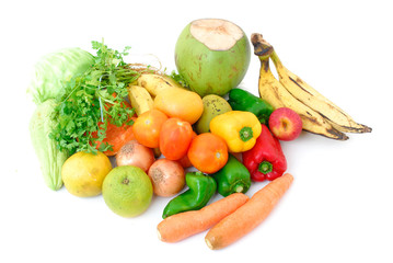 Natural Ingredients, fruits and vegetables on white .