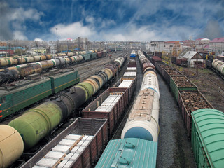 Transportation on a raiway. Big station.