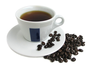 White coffee cup with coffee beans