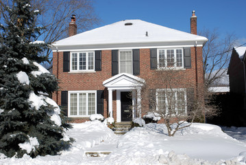 snow covered house with pine tree