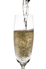 Pouring champagne, many bubbles. Isolated on white.