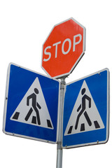 Road sign with stop and crosswalk pedestrian symbols warning 