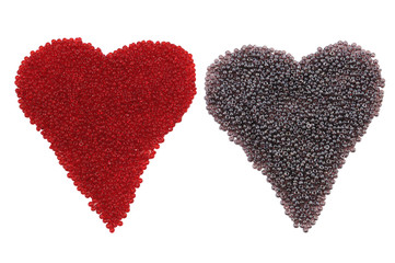 Two color heart shape created with bead,  isolated on white.