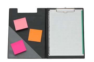 Open binder with post-it notes and blank page