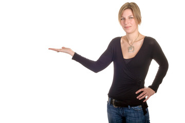 woman wearing jean and presenting hand on white background