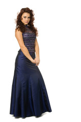 beautiful woman in blue dress with brown eyes under wavy hair