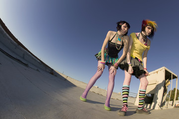Fototapeta na wymiar Fisheye shot of girls in brightly colored clothing on a roof