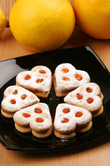 Heart Cookies on black plate with fruits