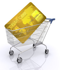 Payment with credit card. Shopping cart with card inside.