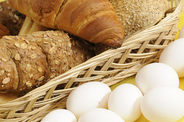 close-up of fresh baked bread and eggs