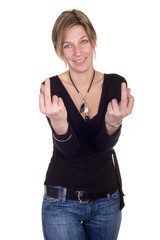 Fototapeta na wymiar blond woman doing double bad gesture on white background
