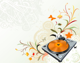 turntable on floral grunge background