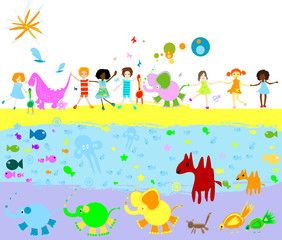 Obraz na płótnie Canvas kids, dinosaurs and other little animals on a field