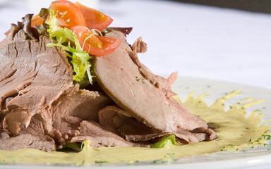 Beef meat with tomatoes and greens on a plate