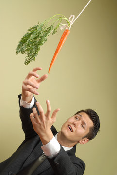 Businessman in a suit reaching for a carrot on a stick