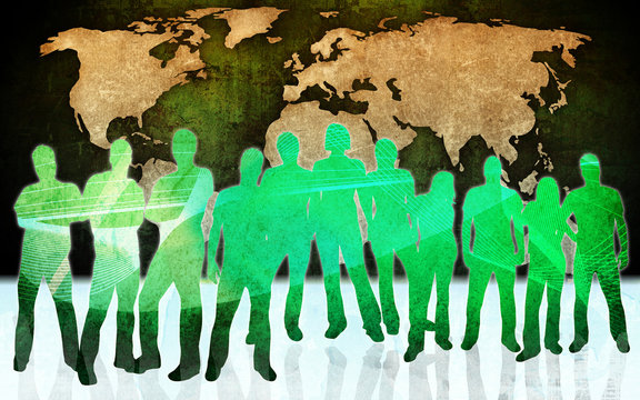 people silhouettes and world map