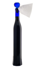 Blue bottle with label on white