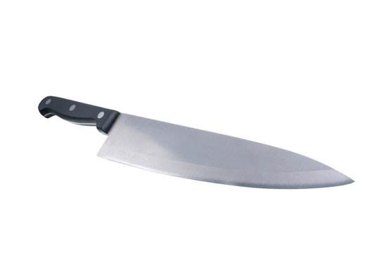Large chef's knife and sharpening steel on white