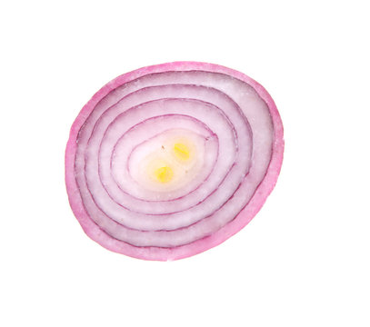 Red onion cut in half on a white background