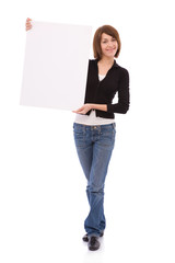 young and beautiful woman holding a blank board 