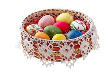 easter decorated basket with painted eggs